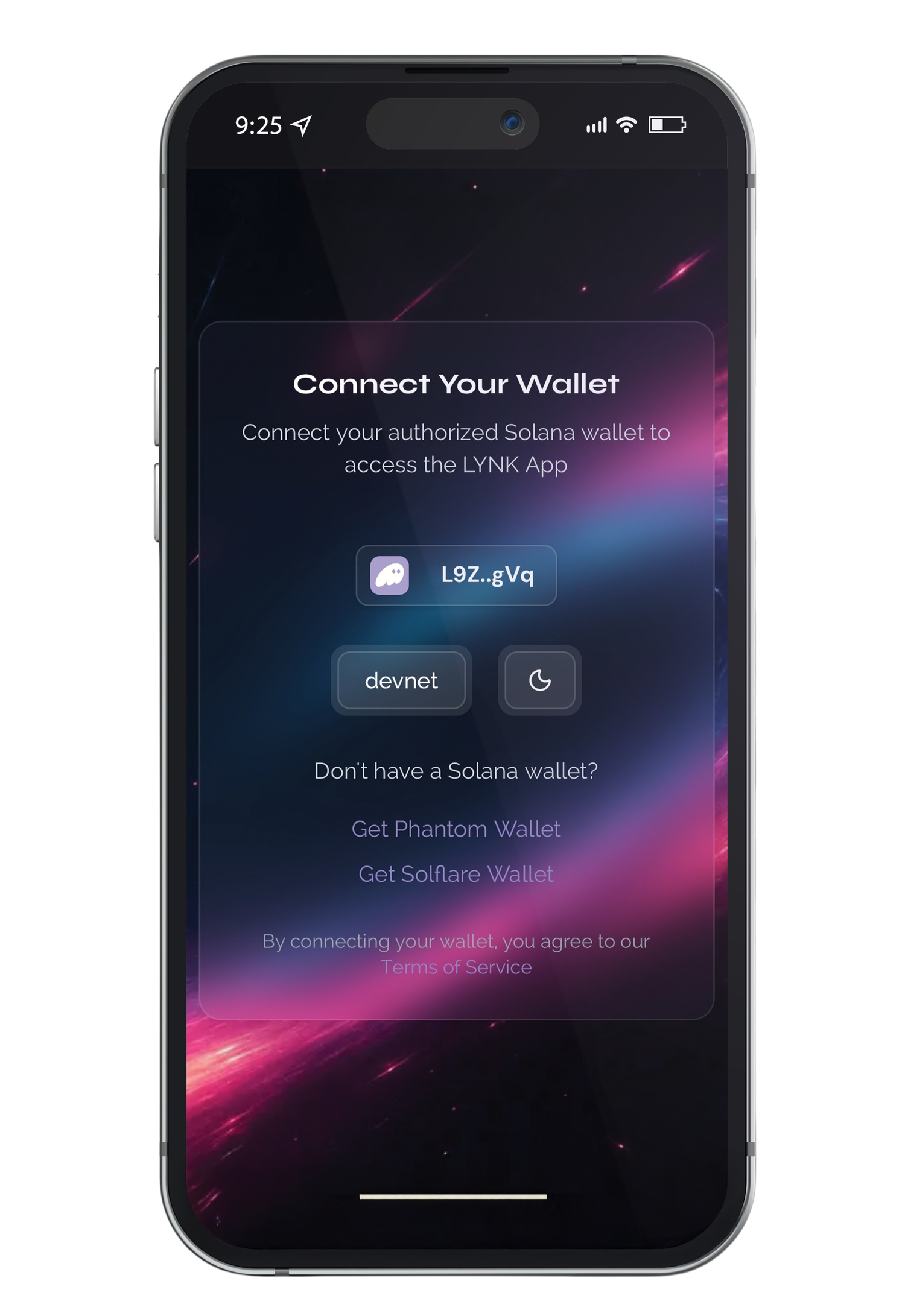 A smartphone screen displaying a wallet connection page for the GRYPTX app, with options to connect a Solana wallet using devnet or moon icon, and links to get Phantom or Solflare wallets.
